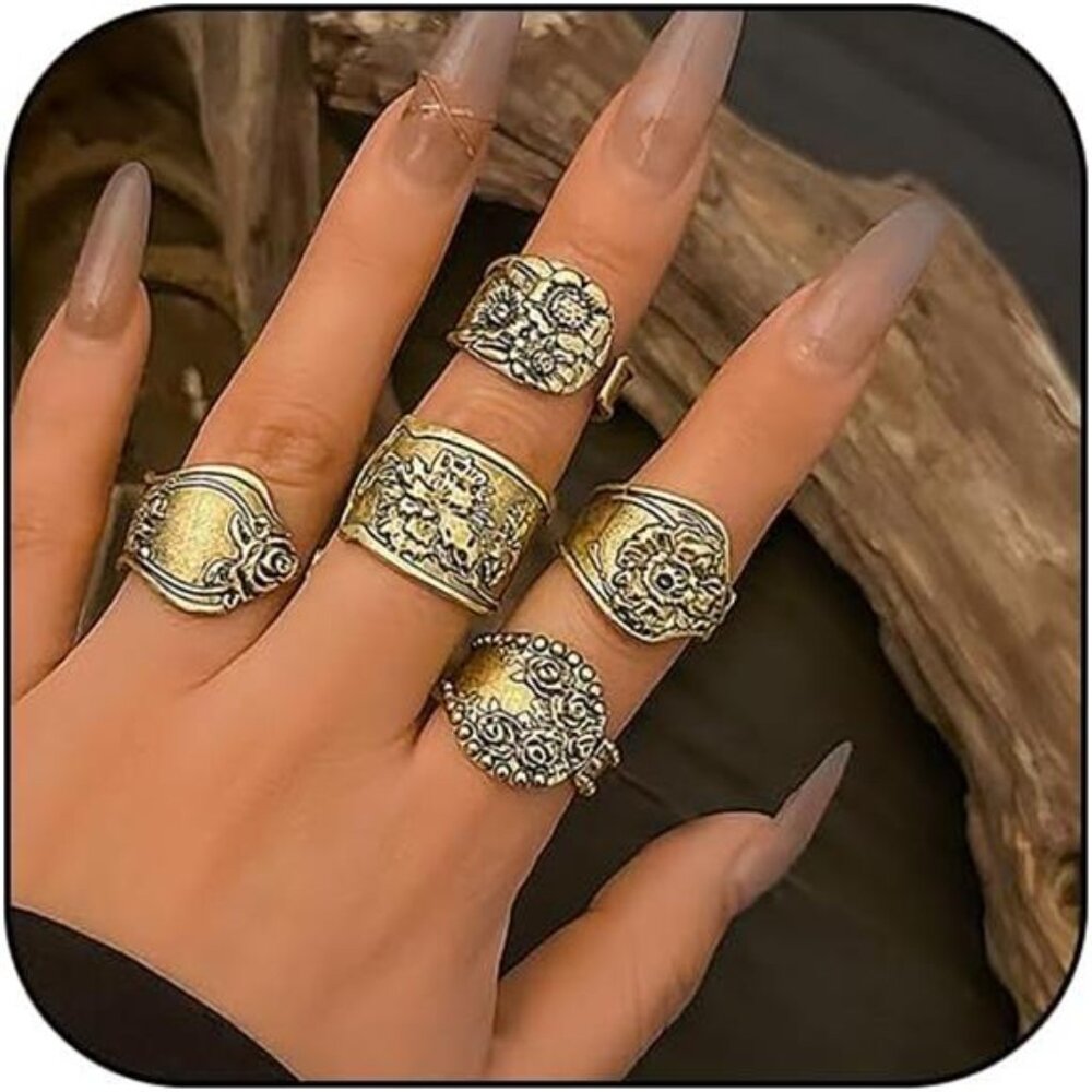 ✨ Bold Boho Spoon Ring Set | Chunky Gold Adjustable Rings | Vintage Floral